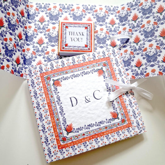 Personalised Floral Wedding Favours – Chocolate Thank-You Treats. Handmade wedding favours made with textured card and ribbon, containing mini chocolate. Perfect as thank-you treats for weddings or other special occasions.