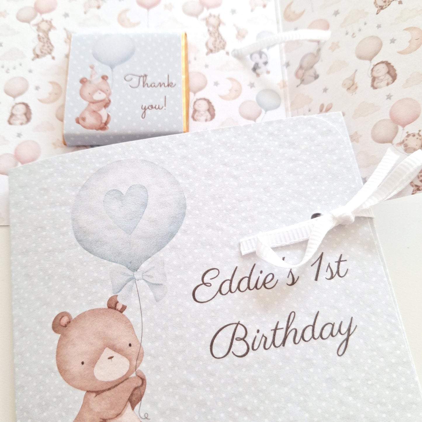 Personalized chocolate party favors for a boy's 1st birthday. Baby Bear. Handmade in the UK. Thank-you gifts for parties, baby showers, and christenings.