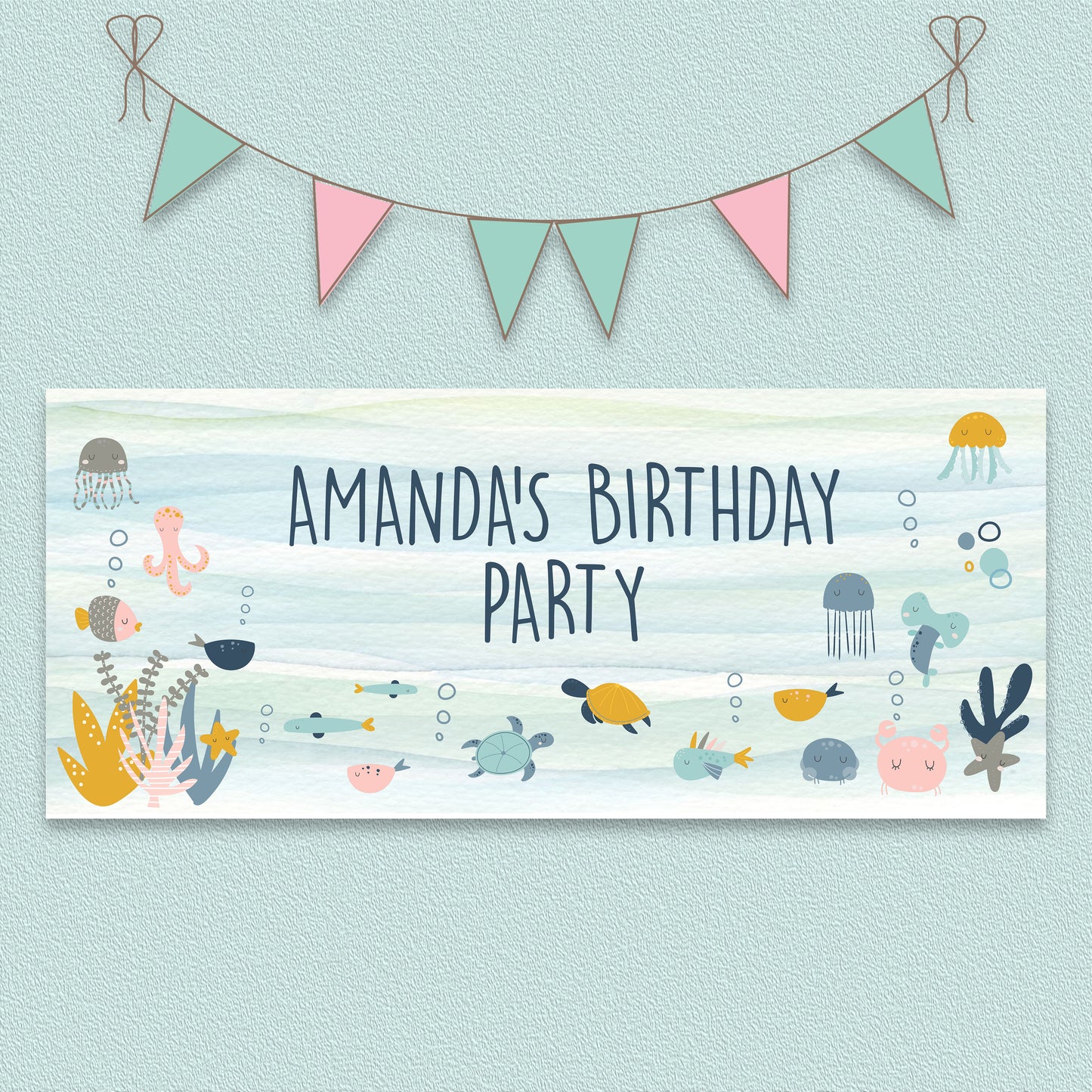 Cute Marine Life Personalised Birthday Banner – Under the Sea Party Wall Décor in Satin Paper