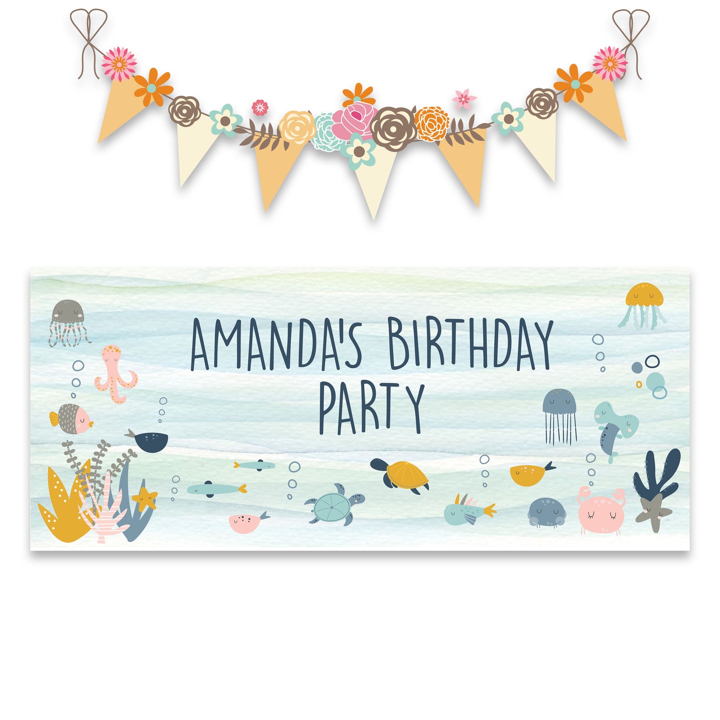 Cute Marine Life Personalised Birthday Banner – Under the Sea Party Wall Décor in Satin Paper