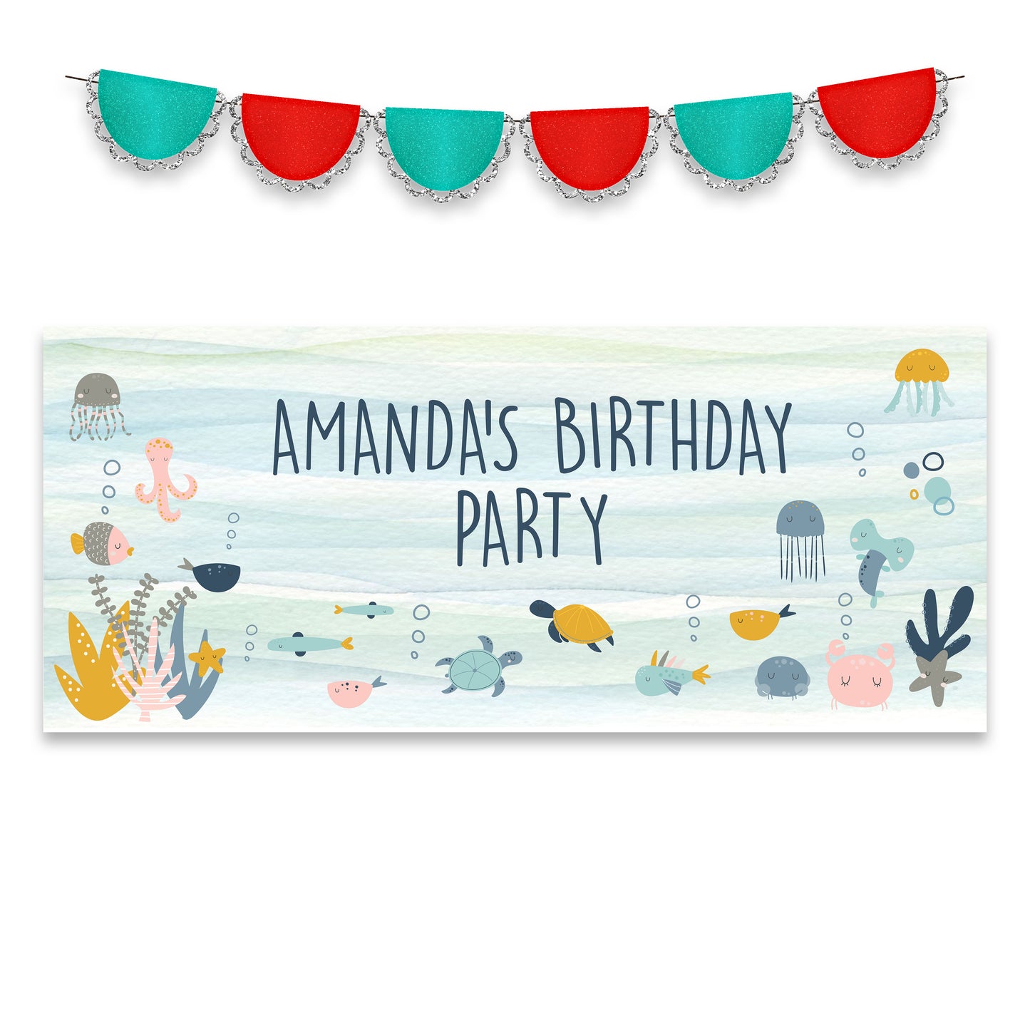 Cute Marine Life Personalised Birthday Banner – Under the Sea Party Wall Décor in Satin Paper