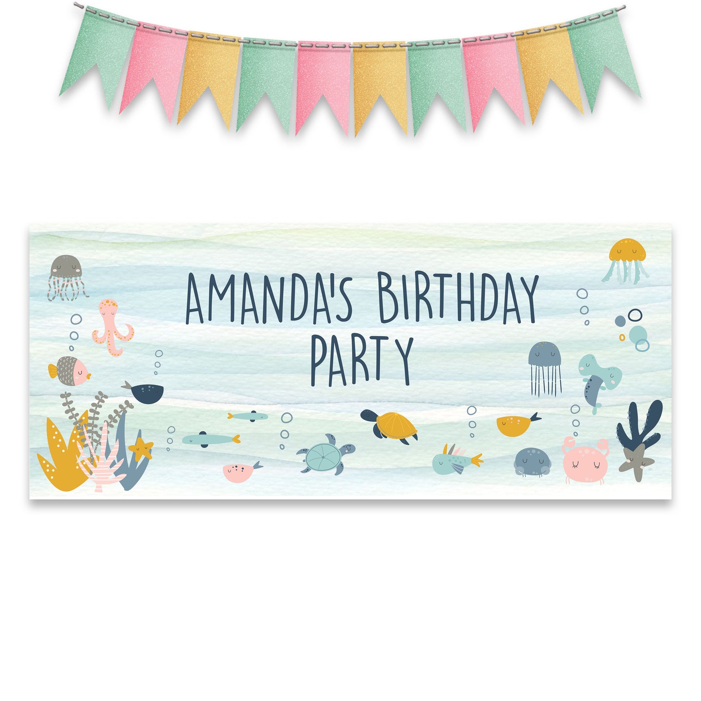 Cute Marine Life Personalised Birthday Banner – Under the Sea Party Wall Décor in Satin Paper