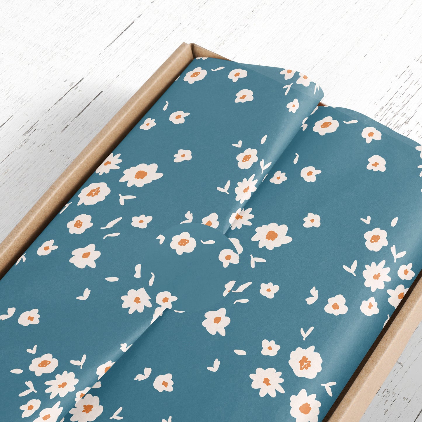 Blue Gift Wrapping Paper with White Hand-Drawn Flowers – Large Sheet