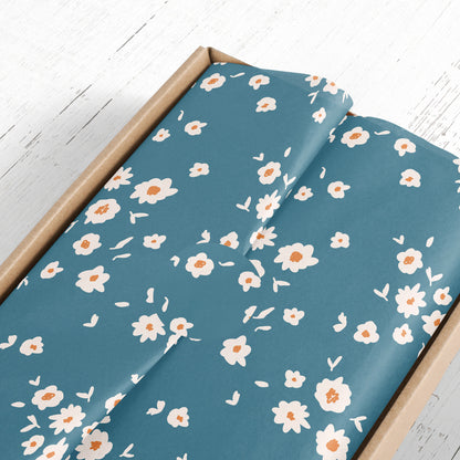 Blue Gift Wrapping Paper with White Hand-Drawn Flowers – Large Sheet