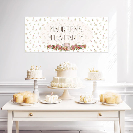 Personalised Tea Party Banner – Birthday Party Wall Decor in Satin Paper, Perfect for Any Occasion