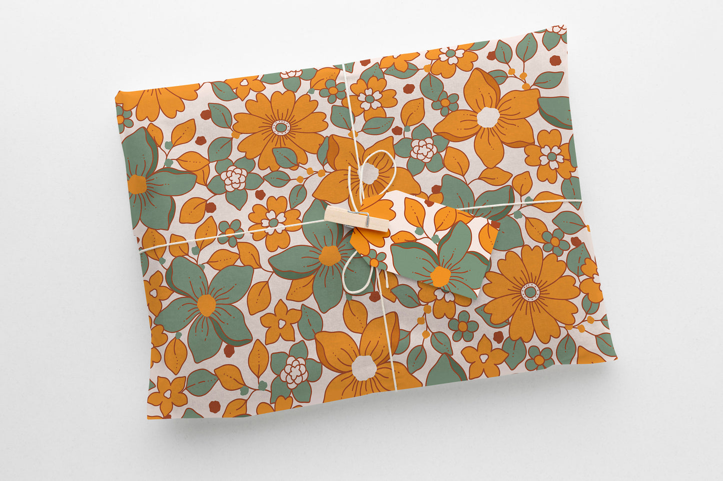 70s Florals Gift Paper Sheet – Green and Orange, Large Size, Retro Floral Wrapping