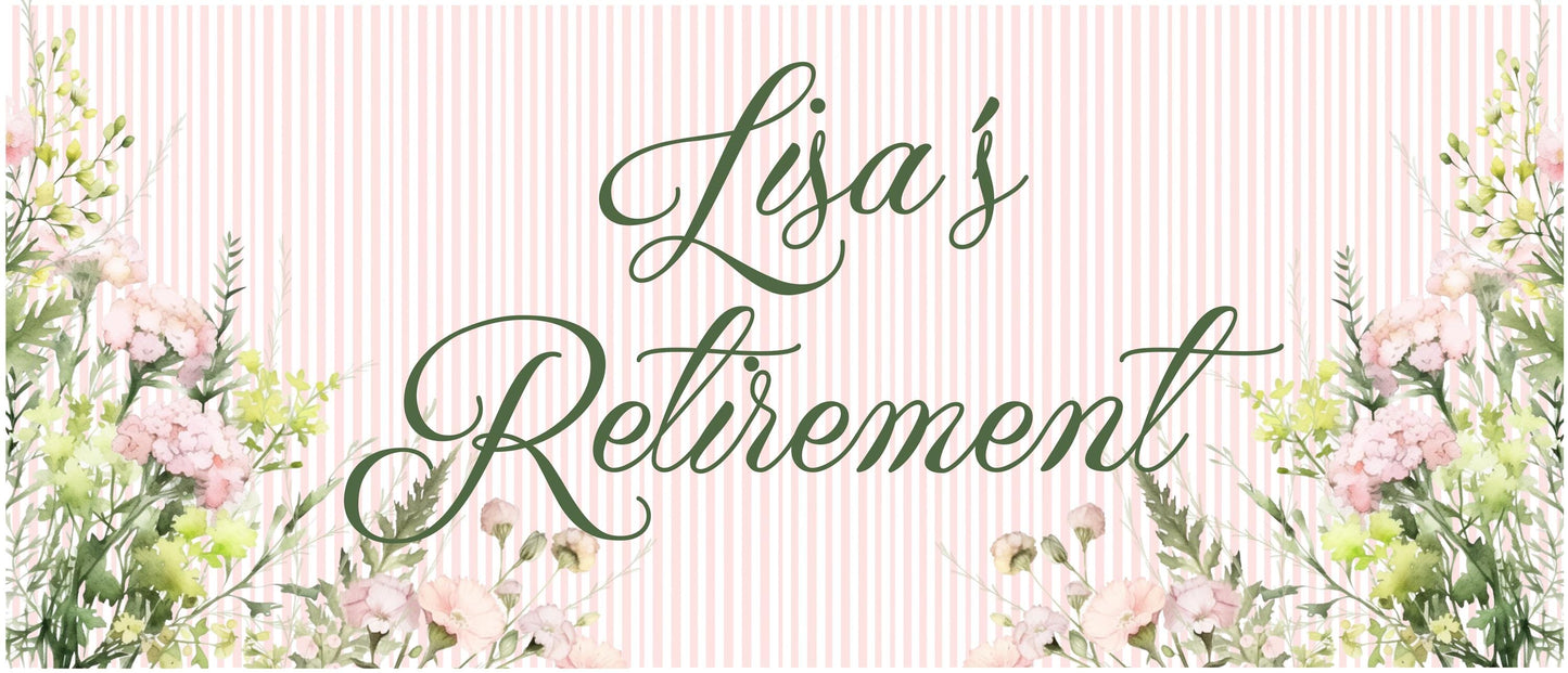 Floral Retirement Party Banner – Personalised Satin Paper Wall Decor