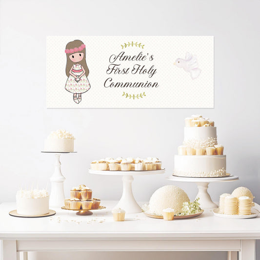 Personalised 1st Communion Banner for Girls with Long Hair – Satin Paper Wall Party Decor