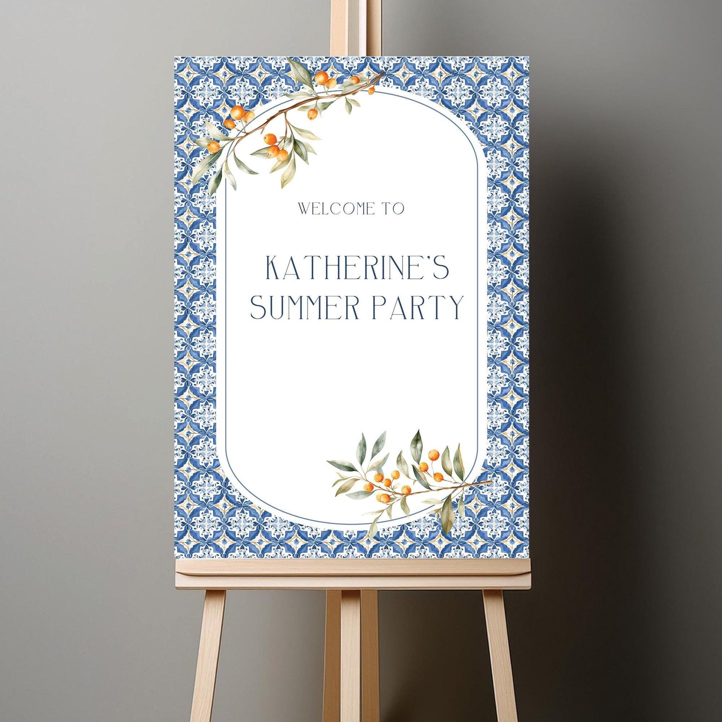 Custom Birthday Sign with Oranges and Blue Tiles – Personalised Printed Table Centrepiece, Unframed in Various Sizes