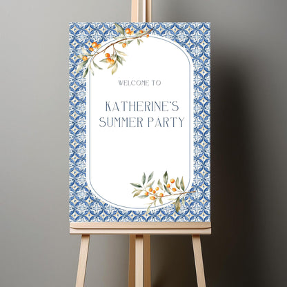 Custom Birthday Sign with Oranges and Blue Tiles – Personalised Printed Table Centrepiece, Unframed in Various Sizes