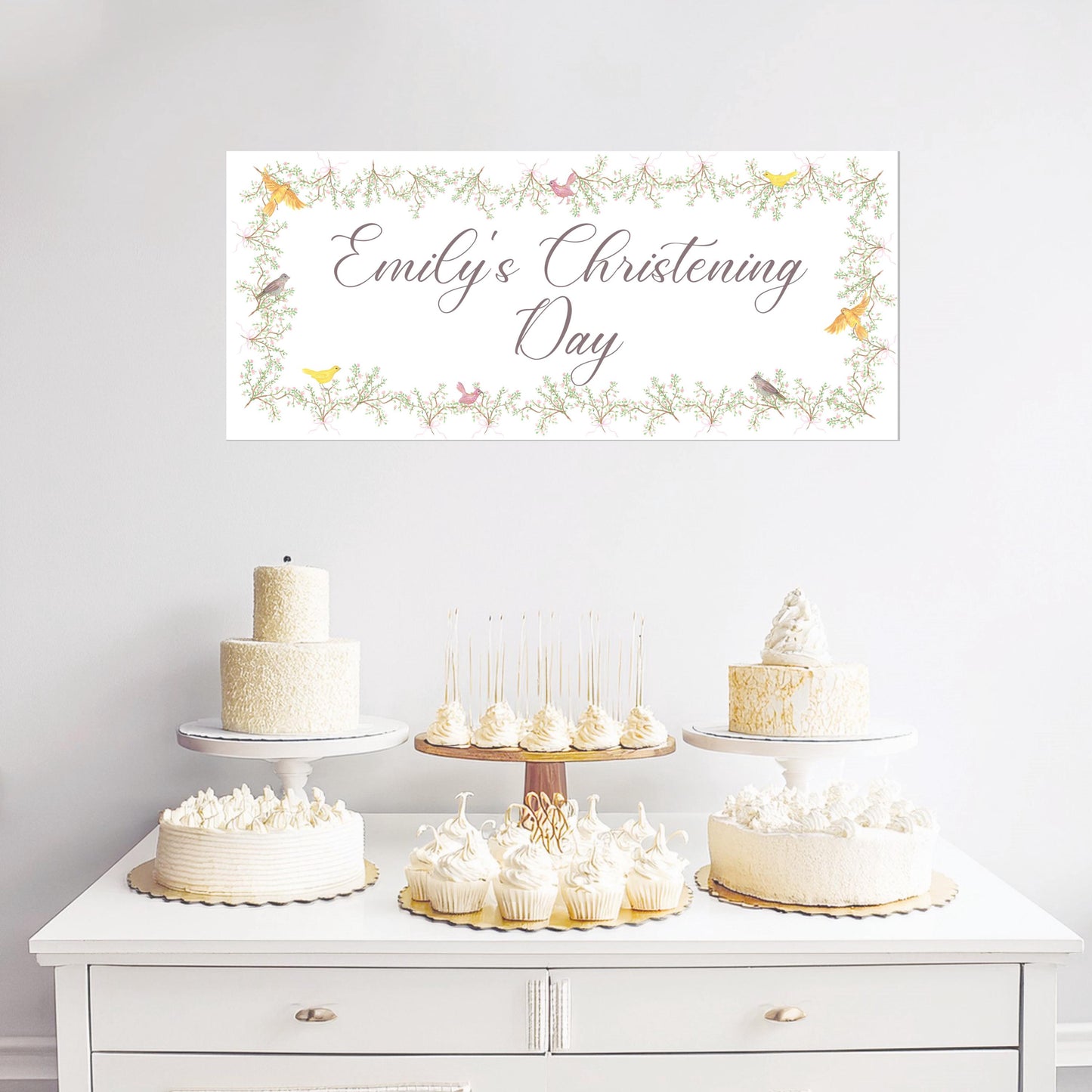 Custom Christening Banner – Little Birds Wall Decor for Baby's Special Day
