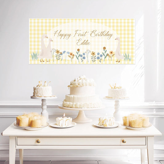 Personalised First Birthday Banner – Goose Family Baby Party Wall Decor in Satin Paper
