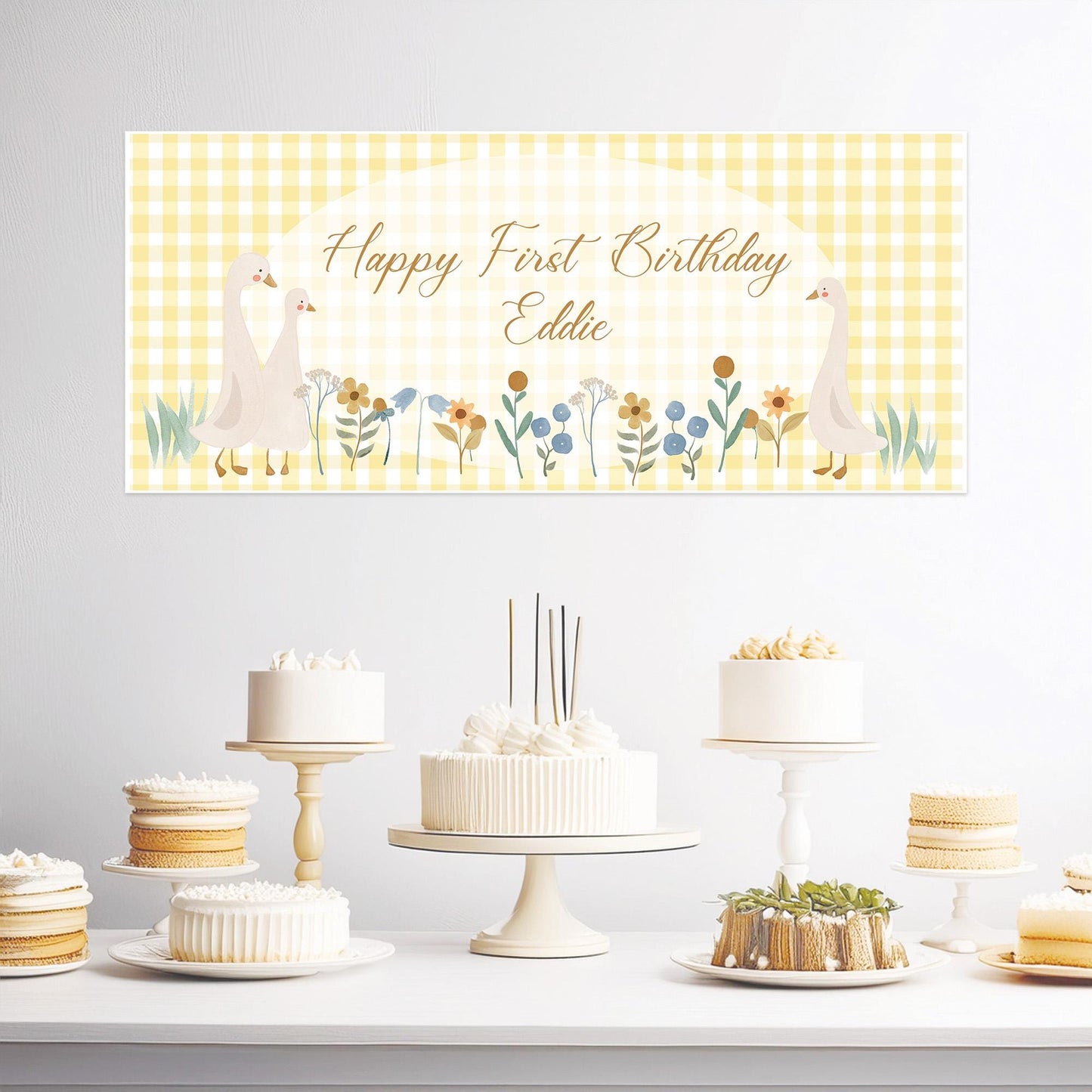 Personalised First Birthday Banner – Goose Family Baby Party Wall Decor in Satin Paper
