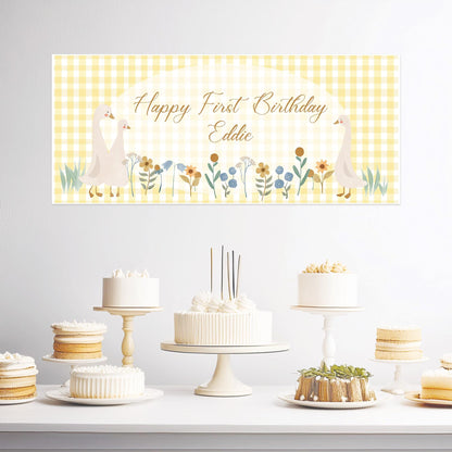 Personalised First Birthday Banner – Goose Family Baby Party Wall Decor in Satin Paper