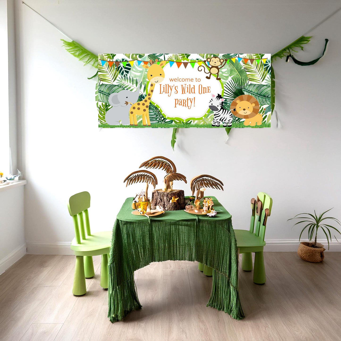 Jungle Safari Birthday Banner, Birthday Party Wall decor in satin paper