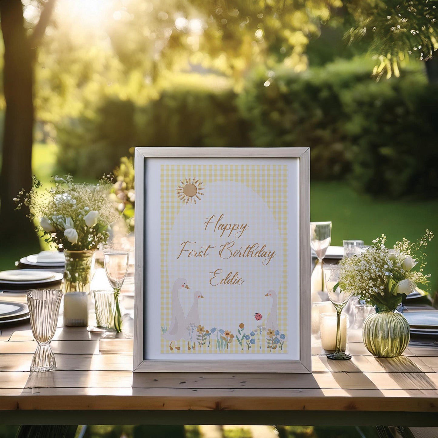 Personalised Cute Geese 1st Birthday Welcome Sign – Custom Printed Party Decoration, Unframed in Multiple Sizes