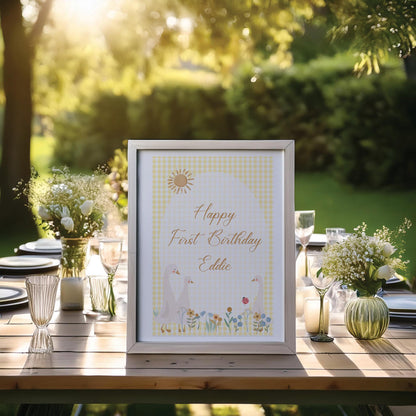Personalised Cute Geese 1st Birthday Welcome Sign – Custom Printed Party Decoration, Unframed in Multiple Sizes