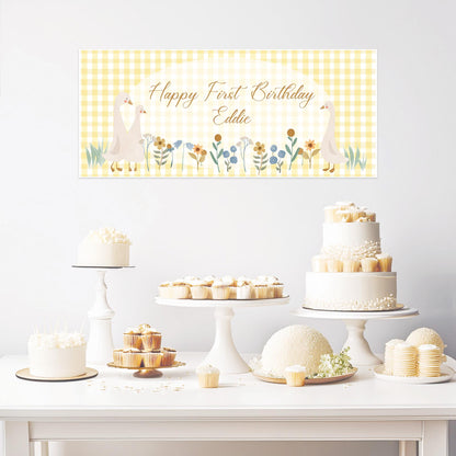 Personalised First Birthday Banner – Goose Family Baby Party Wall Decor in Satin Paper