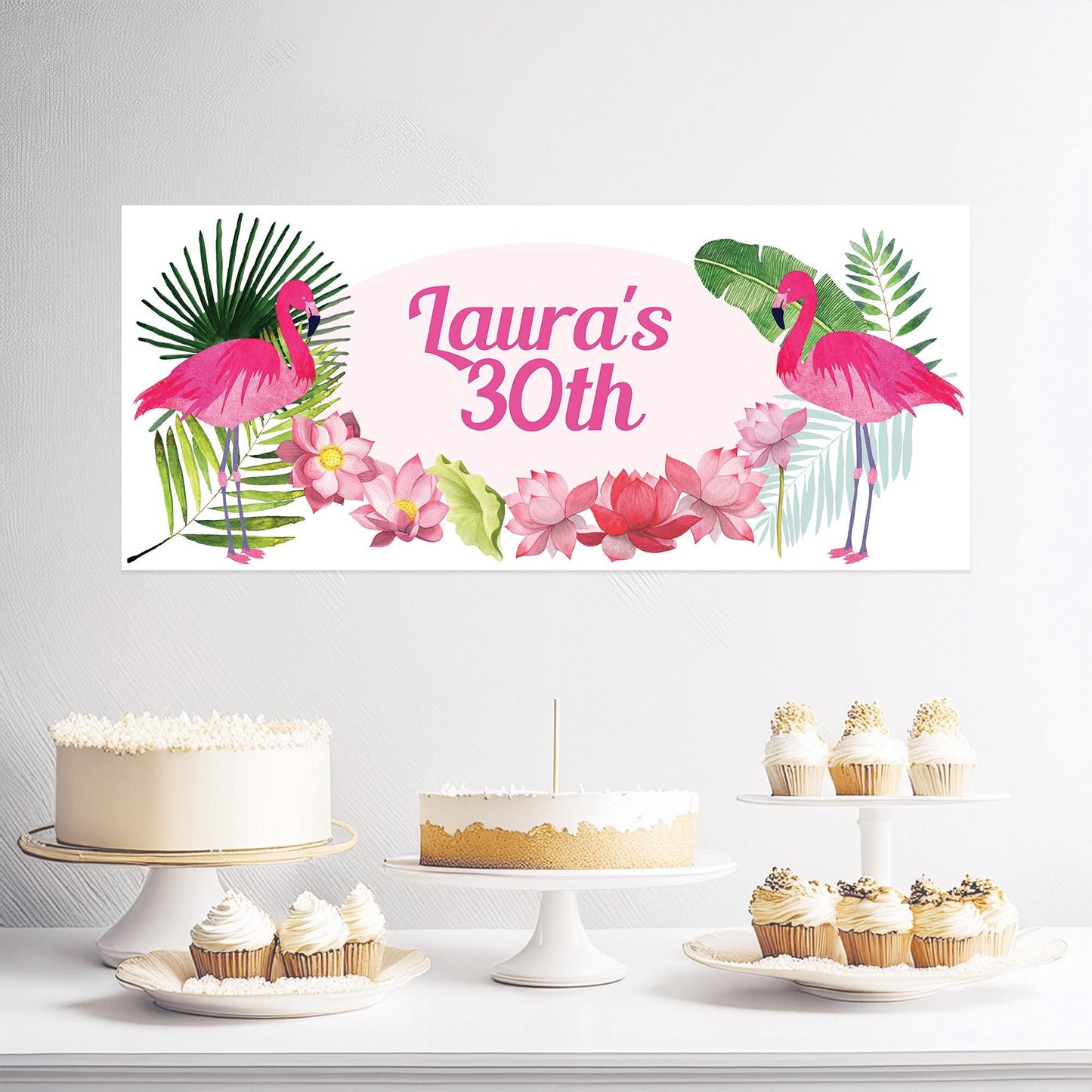 Personalised Pink Flamingo Party Banner – Tropical Birthday Wall Decor in Satin Paper