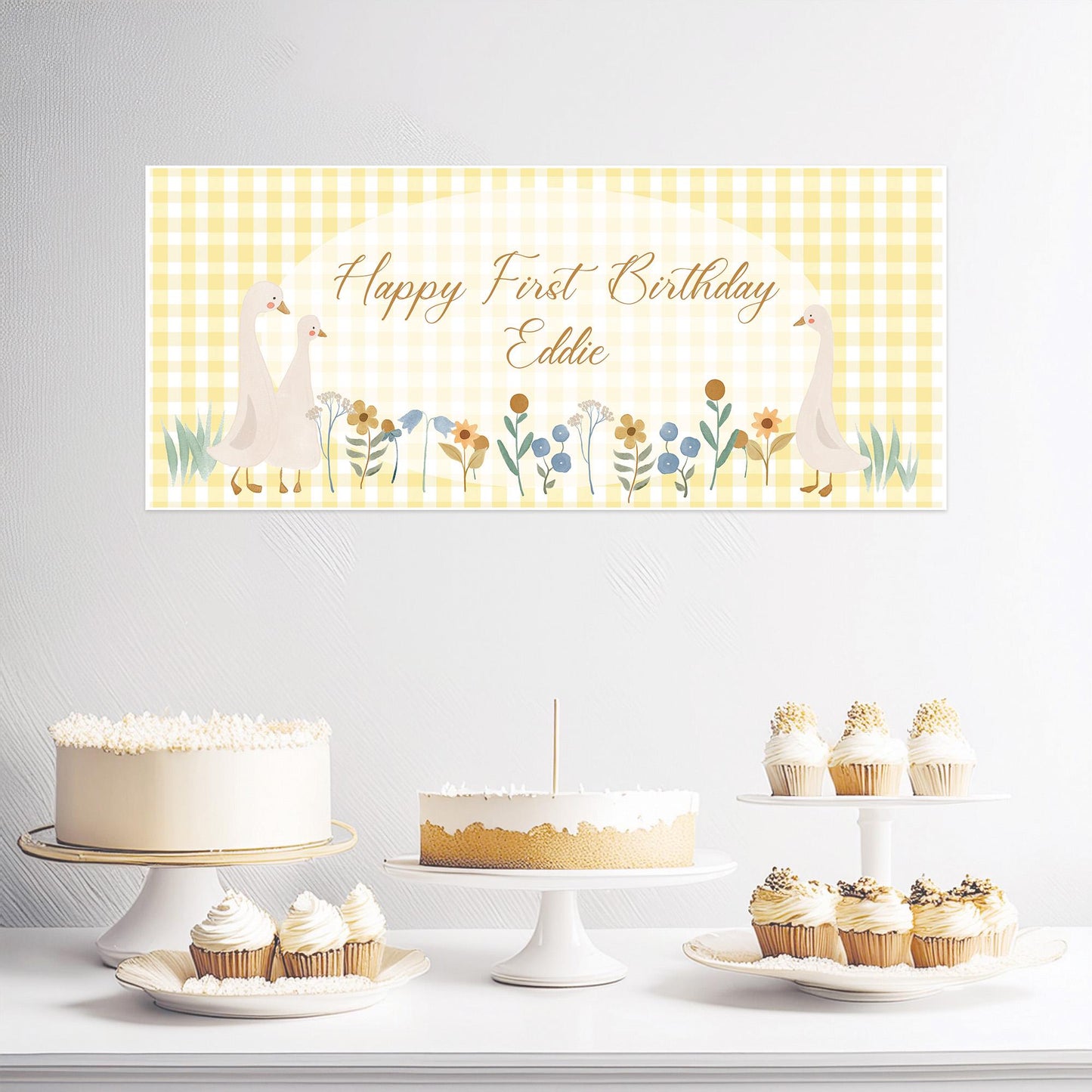 Personalised First Birthday Banner – Goose Family Baby Party Wall Decor in Satin Paper