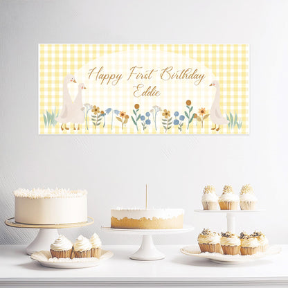 Personalised First Birthday Banner – Goose Family Baby Party Wall Decor in Satin Paper