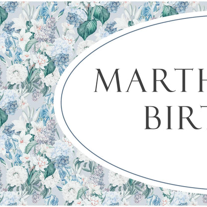 Personalised Blue Floral Birthday Banner – Elegant Party Wall Decor in Satin Paper