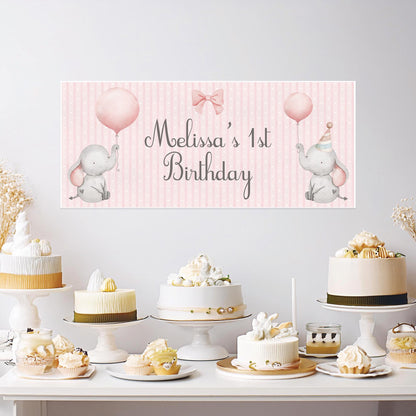Personalised 1st Birthday Banner Baby Elephant – Satin Paper Wall Decor for Girl's Birthday Party