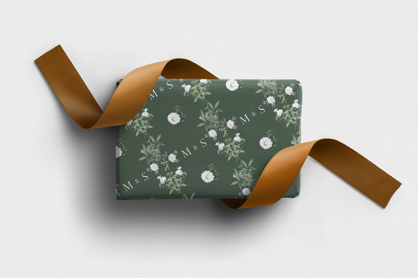 Personalised wedding wrapping paper with white florals and initials on olive green