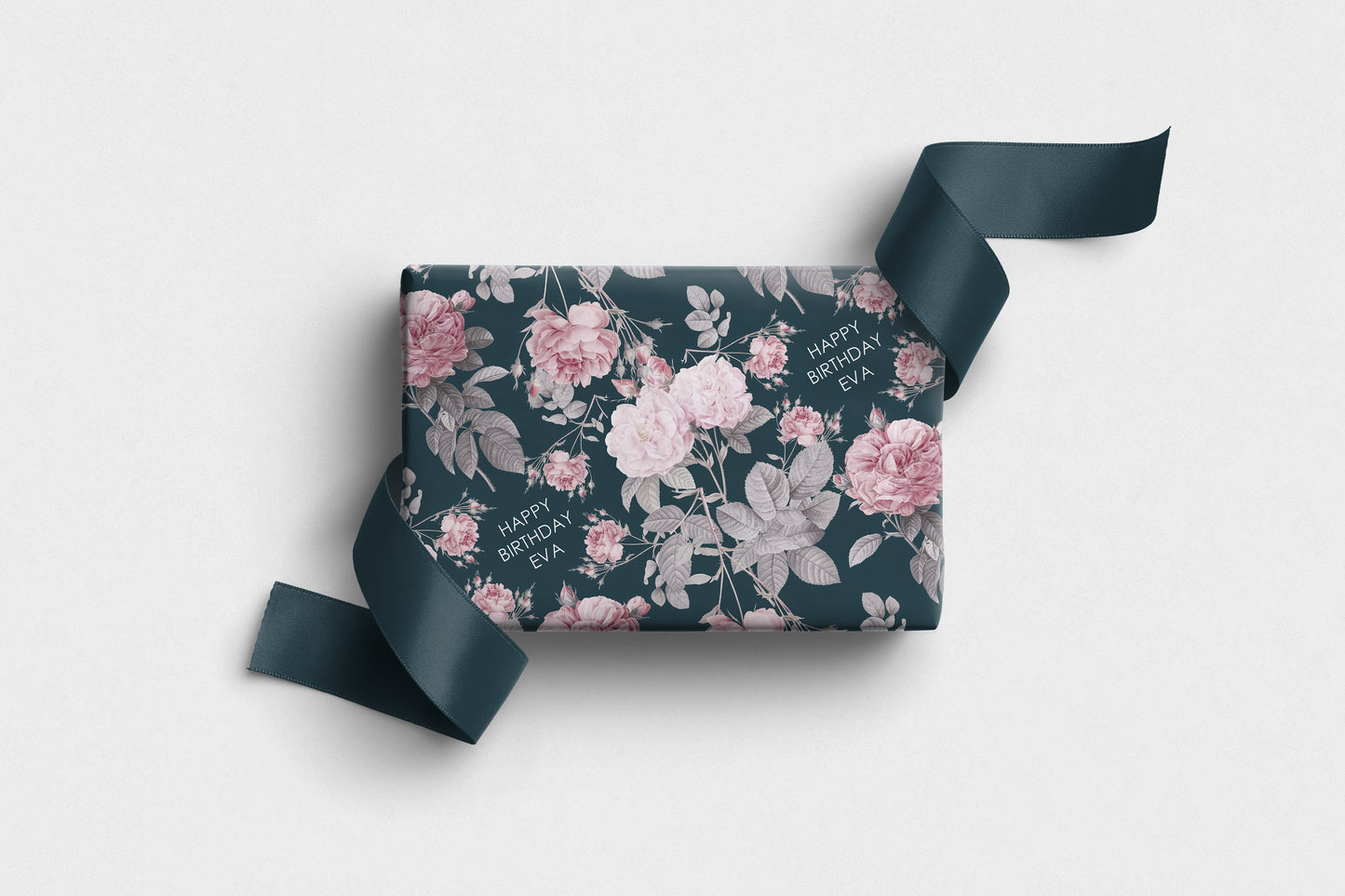 Personalised floral wrapping paper with pink roses and birthday message