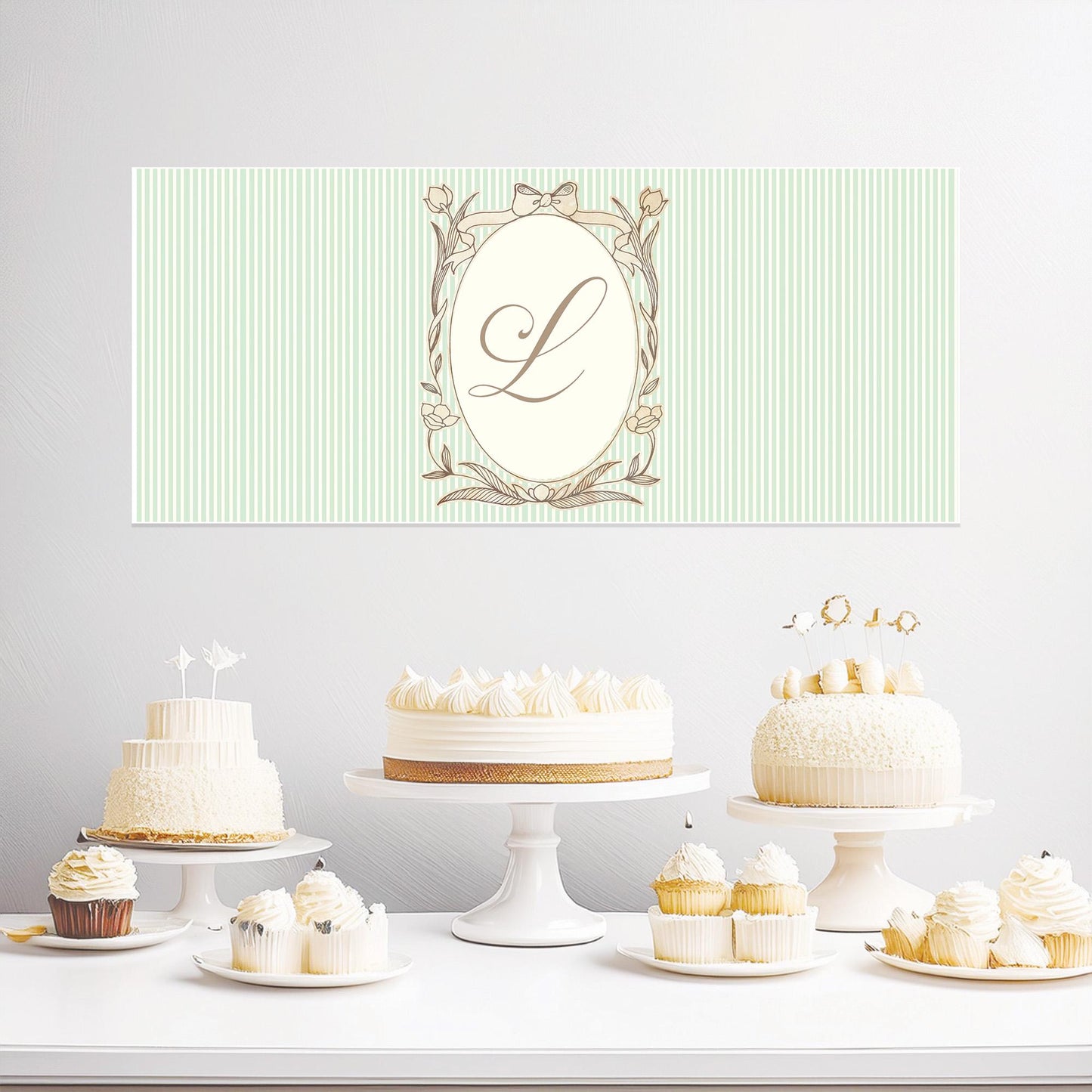 Personalised French Style Birthday Banner – Soft Green Stripes & Monogram Design