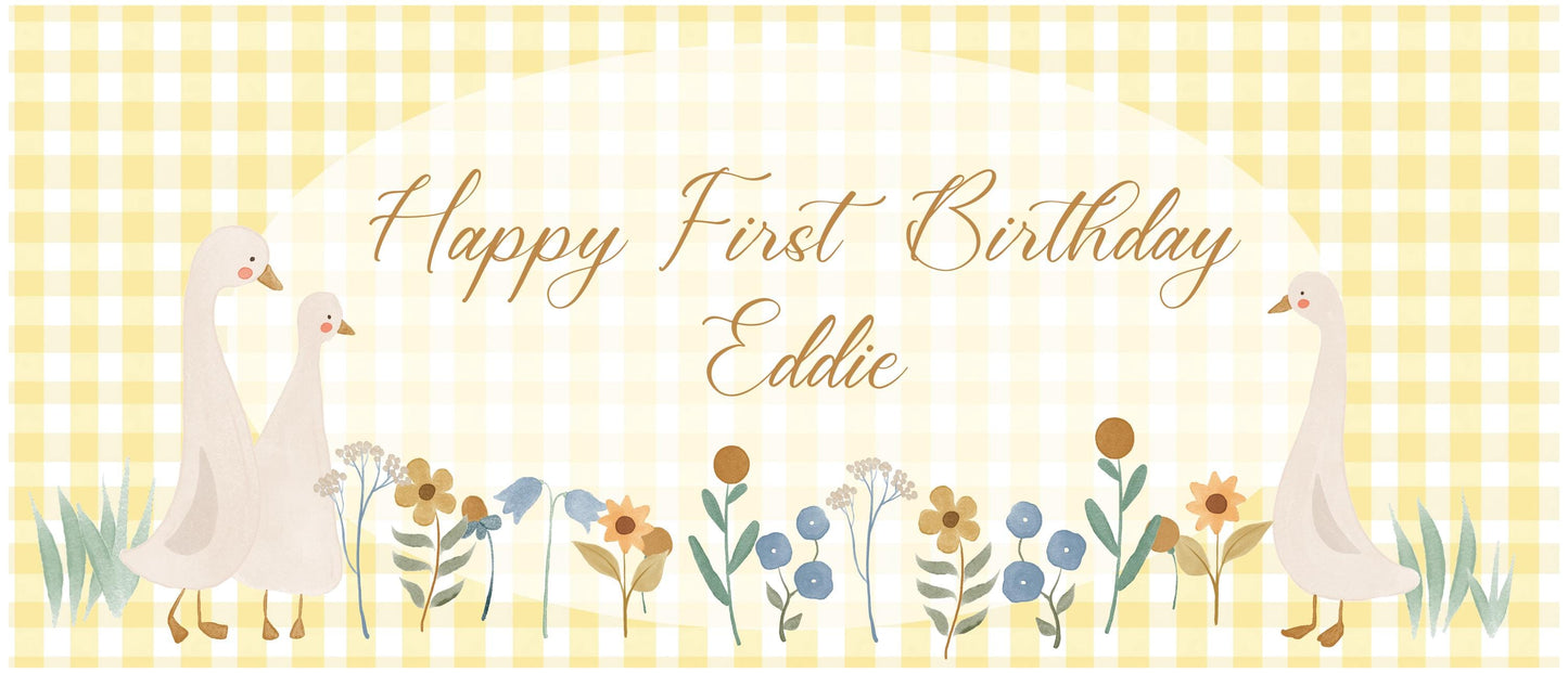 Personalised First Birthday Banner – Goose Family Baby Party Wall Decor in Satin Paper