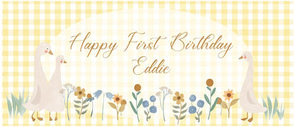 Personalised First Birthday Banner – Goose Family Baby Party Wall Decor in Satin Paper