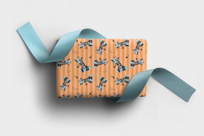 Fun Giraffe wrapping paper on orange stripes