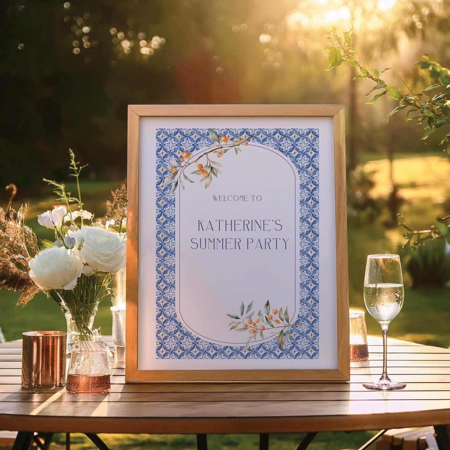Custom Birthday Sign with Oranges and Blue Tiles – Personalised Printed Table Centrepiece, Unframed in Various Sizes