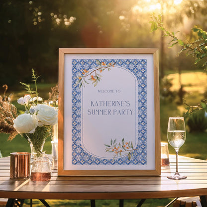 Custom Birthday Sign with Oranges and Blue Tiles – Personalised Printed Table Centrepiece, Unframed in Various Sizes