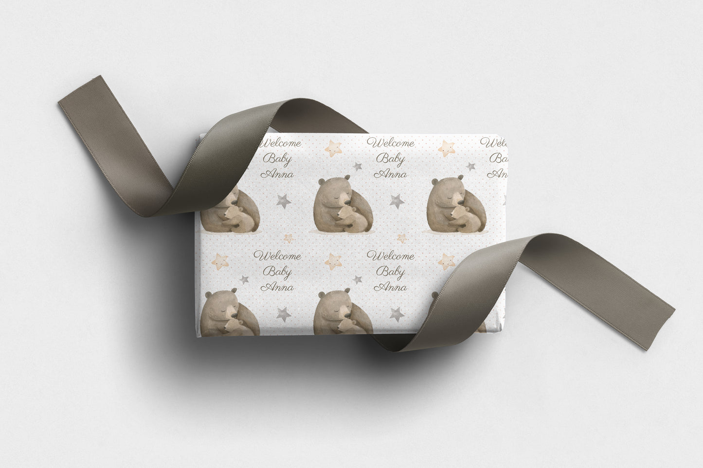 Personalised baby wrapping paper with cute bear illustration and stars