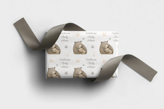 Personalised baby wrapping paper with cute bear illustration and stars