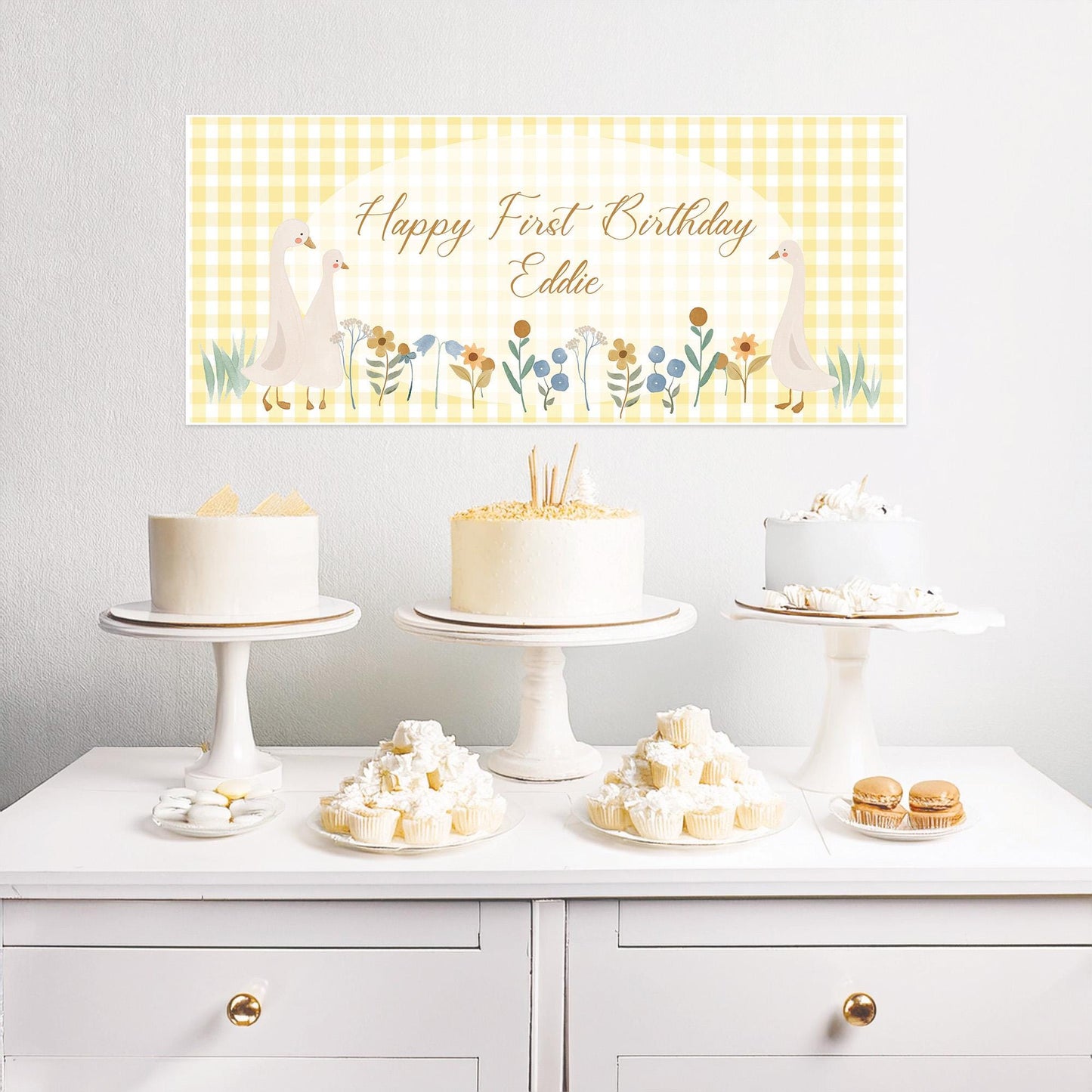 Personalised First Birthday Banner – Goose Family Baby Party Wall Decor in Satin Paper