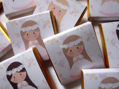 Personalized 1st Communion Girls Chocolate Favours – head white flowers (Pack of 25)