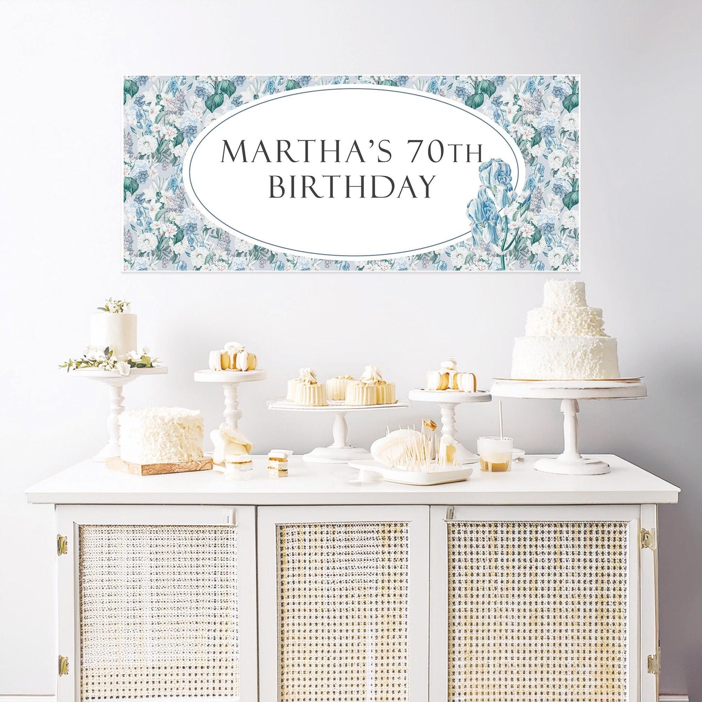 Personalised Blue Floral Birthday Banner – Elegant Party Wall Decor in Satin Paper