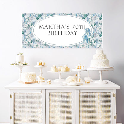 Personalised Blue Floral Birthday Banner – Elegant Party Wall Decor in Satin Paper