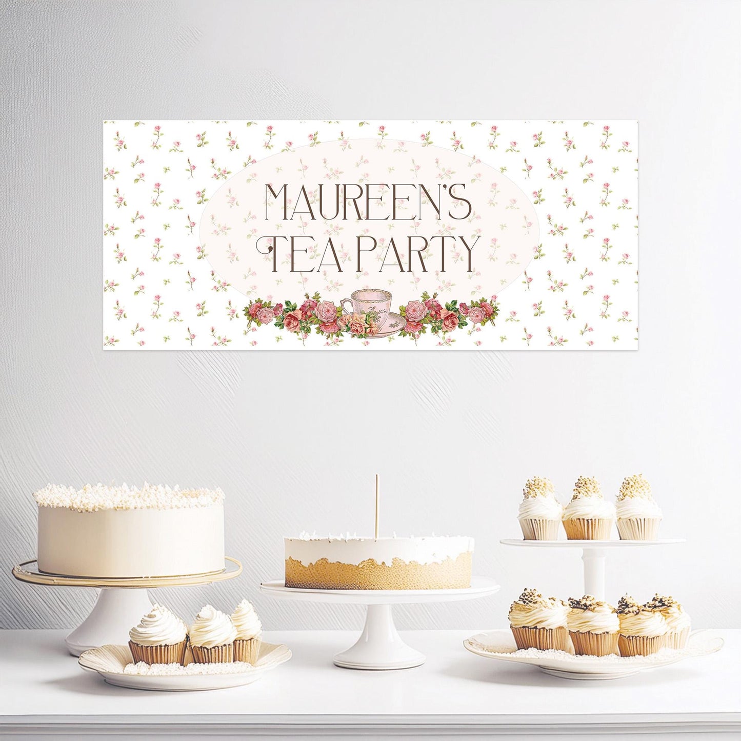 Personalised Tea Party Banner – Birthday Party Wall Decor in Satin Paper, Perfect for Any Occasion