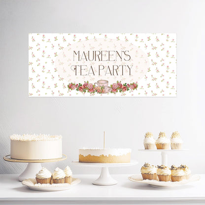 Personalised Tea Party Banner – Birthday Party Wall Decor in Satin Paper, Perfect for Any Occasion