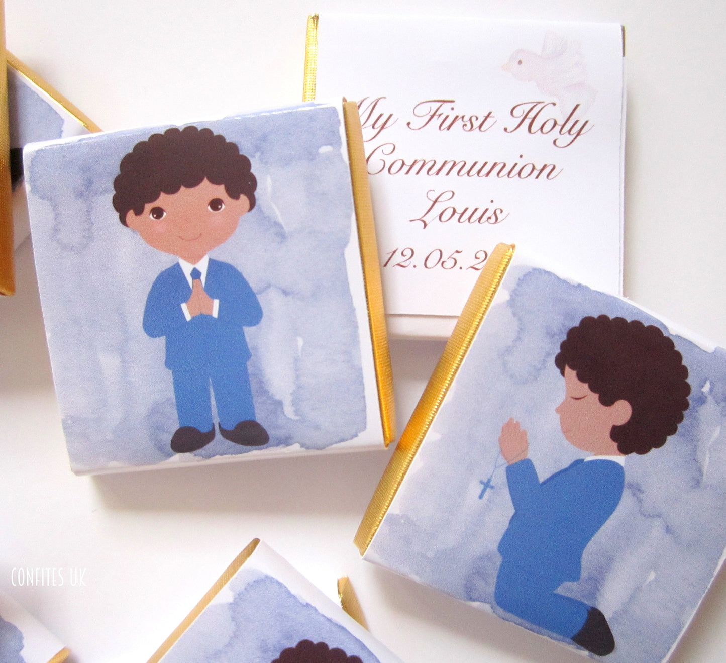 Custom 1st Communion Chocolate Favours for Young Boys – Curly Hair Party Treats (Pack of 25)