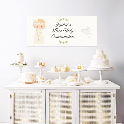 Personalised 1st Communion Banner for Girls with Short Hair – Satin Paper Wall Party Decor