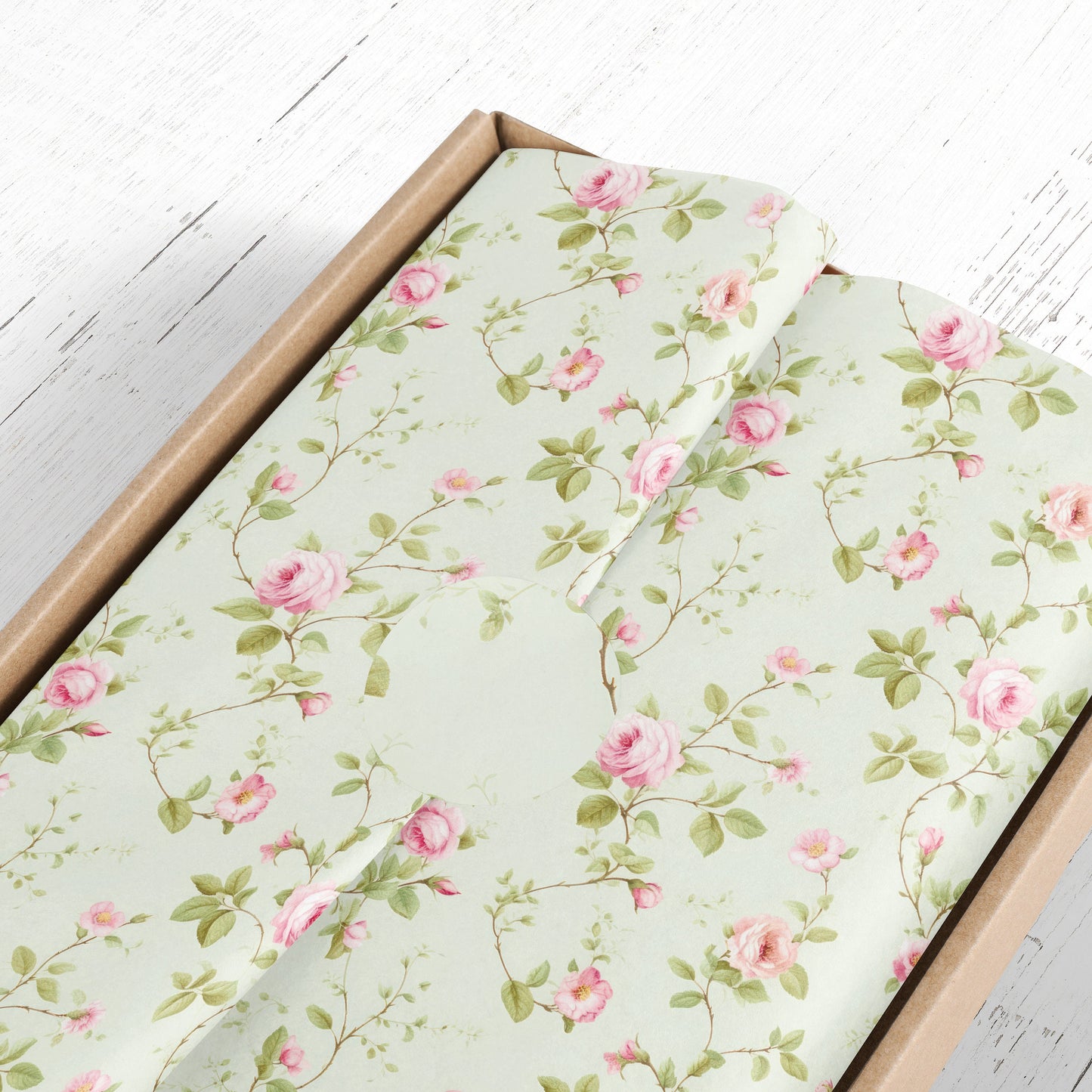 Retro Green and Pink Roses Gift Paper Sheet – Large Size Wrap