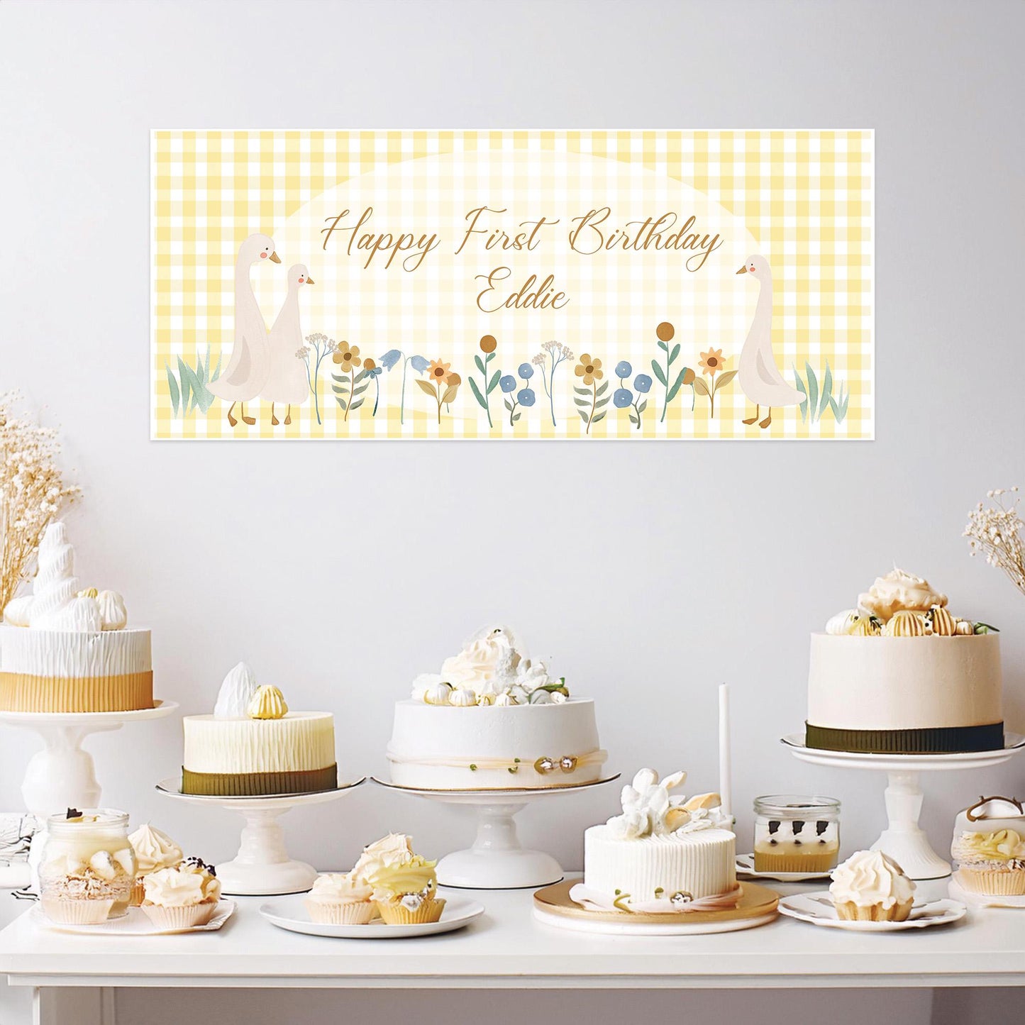 Personalised First Birthday Banner – Goose Family Baby Party Wall Decor in Satin Paper