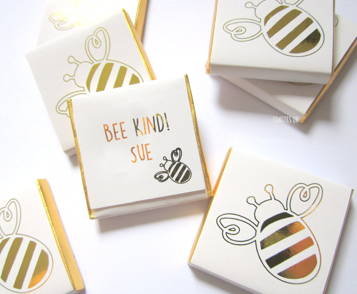 Personalized Little Bee Chocolate Favours – Elegant White and Gold Design, Party Favors & Guest Gifts, Pack of 25