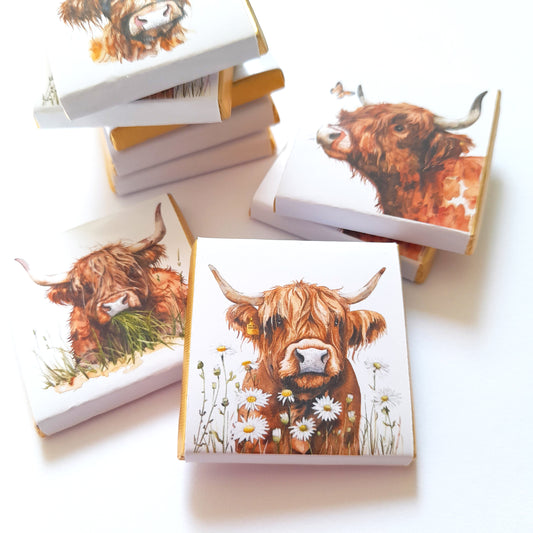 Highland Cows Personalised Chocolate Favours – Baby Shower, Birthday & Wedding Treats – Pack of 25
