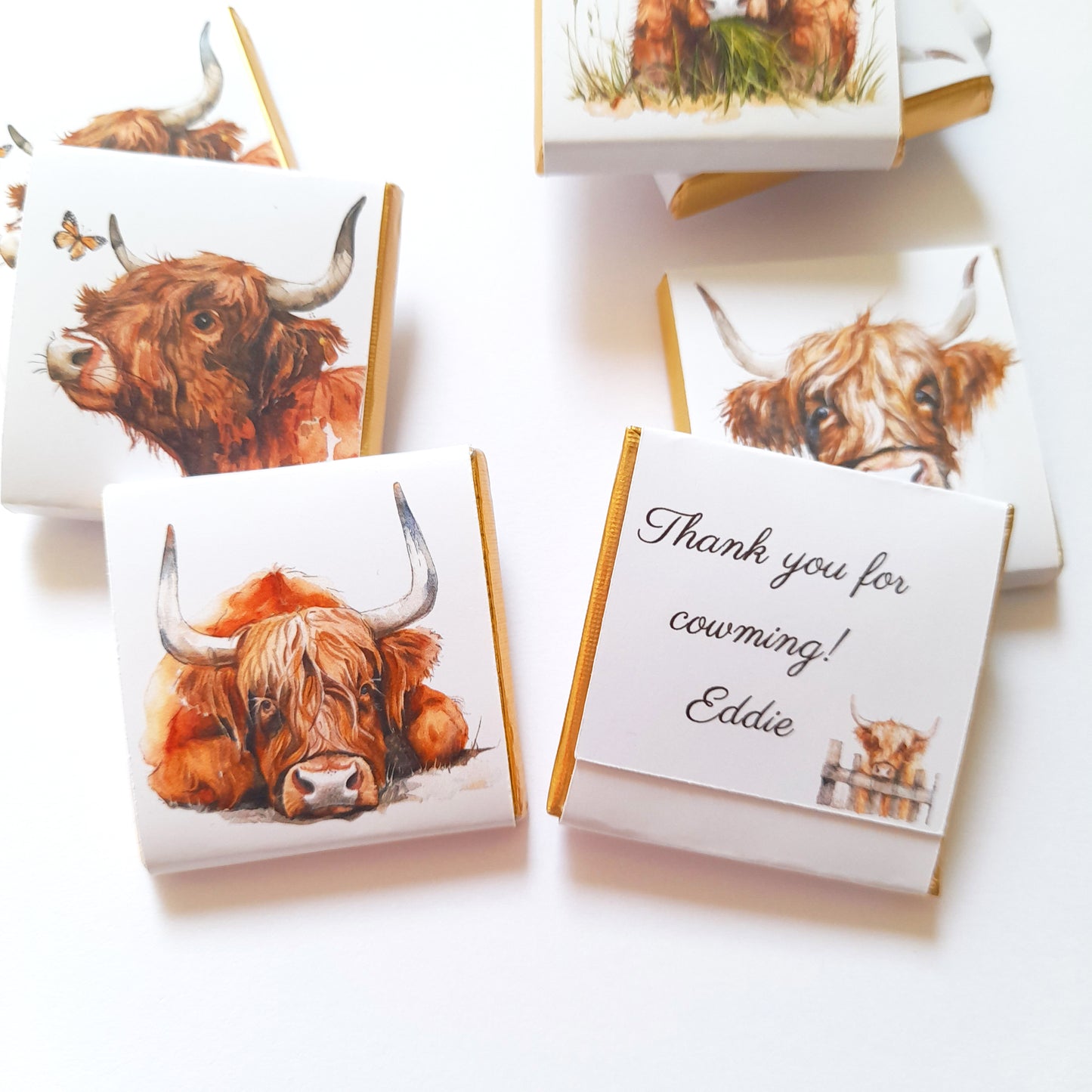 Highland Cows Personalised Chocolate Favours – Baby Shower, Birthday & Wedding Treats – Pack of 25